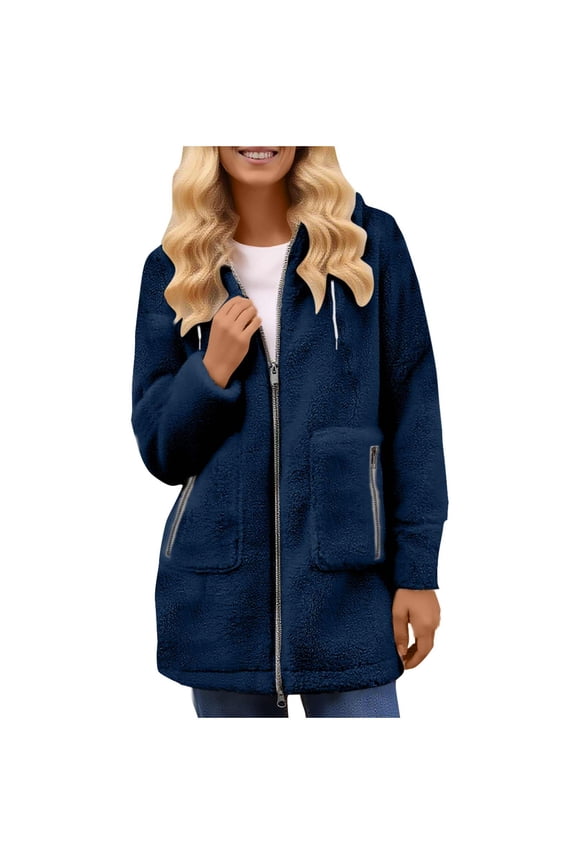 Women's Trendy Zipper Drawstring Hooded Loose Warm Fitting Solid Colored Long Sleeved Large Pocket Ladies Casual Fuzz Cardign Coat Jacket