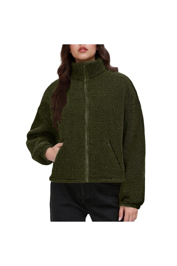 Women's Trendy Zipper Fuzzy Stand Up Collar Thicken Fleece Liner Comfy Solid Colored Long Sleeve Casual Loose Warm Fitting Jacket Coat