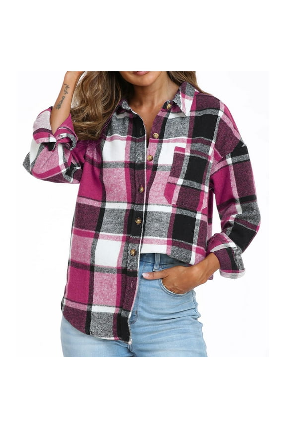 Women's Trendy Zipper Lapel Plaid Button Jacket Coat Casual Long Sleeves Loose Fitting Turn Down Collar Pocket Ladies Warm Outerwear Coat