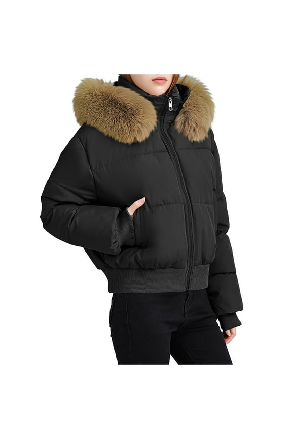Women's Trendy Zipper Plush Collar Lapel Puffer Coat Casual Solid Color Long Sleeve Padded Turn Down Collar Loose Fit Winter Outerwear Coat