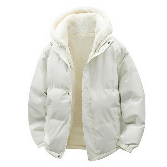 LEBONYARD Women's Trendy Zipper Plush Hooded Thicken Wool Liner Long Sleeve Solid Colored Pocket Loose Fit Ladies Winter Warm Outerwear Jacket Coat