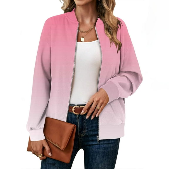 LEBONYARD Women's Trendy Zipper Stand Up Collar Hoodless Loose Fitting Chic Gradient Color Long Sleeved Casual Ladies Outdoor Sports Jacket Coat