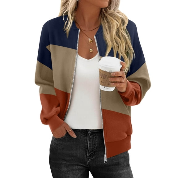 LEBONYARD Women's Trendy Zipper Stand Up Collar Hoodless Loose Fitting Chic Splited Color Long Sleeved Casual Ladies Outdoor Sports Jacket Coat