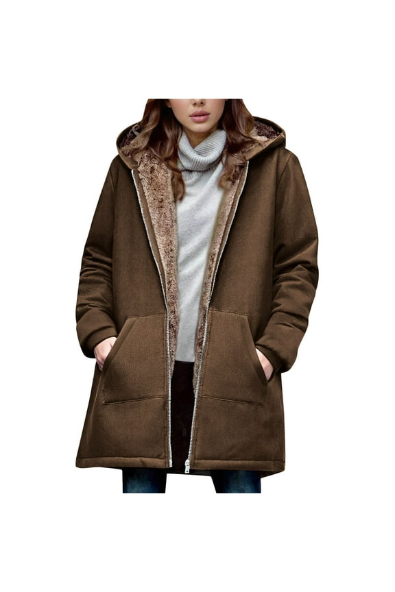 Women's Trendy Zipper Thicken Wool Hooded Solid Colored Long Sleeved Warm Liner Loose Fitting Ladies Winter Fleece Lambskin Jacket Coat