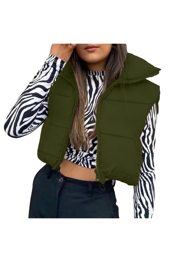 Women's Trendy Zipper Turn Down Collar Short Length Solid Colored Sleeveless Puffer Jacket Coat Casual Winter Crop Outerwear Gilet Coat