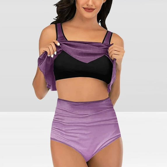 LEBONYARD Women's Two Piece Swimsuits Glitter Bikini Set Party Beachwear,Women's Ruffled Swimsuit Set Purple XXL