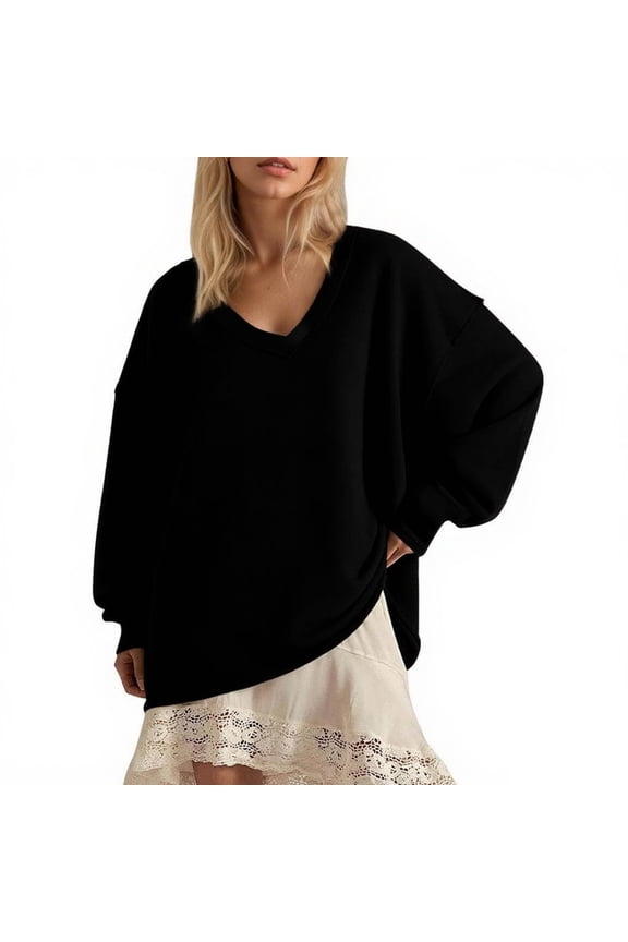 Women's V-Neck Pullover Tops Casual Solid Long Sleeve Loose Fit Hoodless Sweatshirts