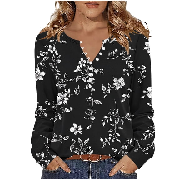 LEBONYARD Women's V-neck Pullover Fashion Gradient Printing Blouse Long Sleeve Soft Button Tailored Top