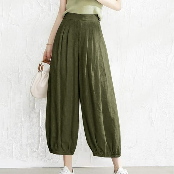 LEBONYARD Women's Wide Leg Pants with Pockets Lightweight,Women's Casual Slim High Elastic Waist Solid Color Sports Cotton and Linen Pants Army Green L