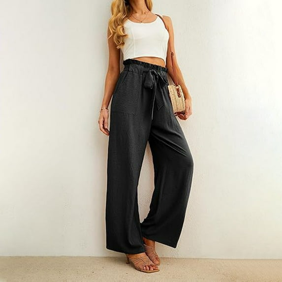 LEBONYARD Women's Wide Leg Pants with Pockets Lightweight,Womens Pants Plus Size Clerance $5,Women's Loose Casual and Comfortable Solid Color Flower Bud Waist Strap Pants Black XS