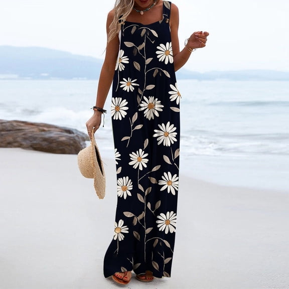 LEBONYARD Women's Wide Leg Pants with Pockets,Women's Printed Jumpsuit Casual Button Pocket Sleeveless Wide Leg Trousers Black XL