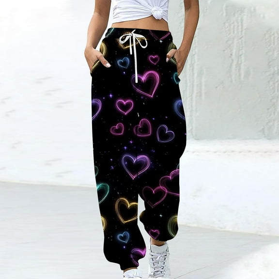 LEBONYARD Women's Wide Leg Trousers,Women's Casual Trousers Printing Drawstring Pants Waist Long Pants Sweatpants with Pocket Multicolor M