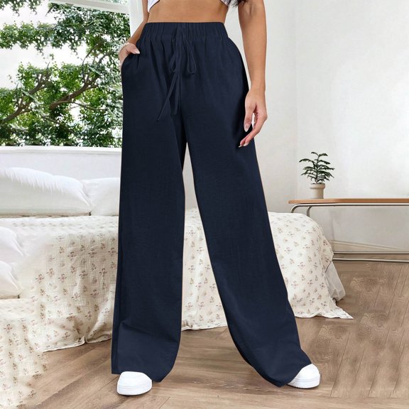 LEBONYARD Women's Wide Leg Trousers,Women's Fashionable and Comfortable Solid Color Semi Elastic Button Up Pants Navy S