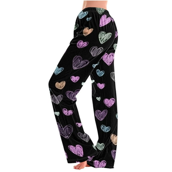 LEBONYARD Women's Wide Leg Trousers,Women's Home Pocket Print Pajamas Daily Home Clothes Long Pants Black S