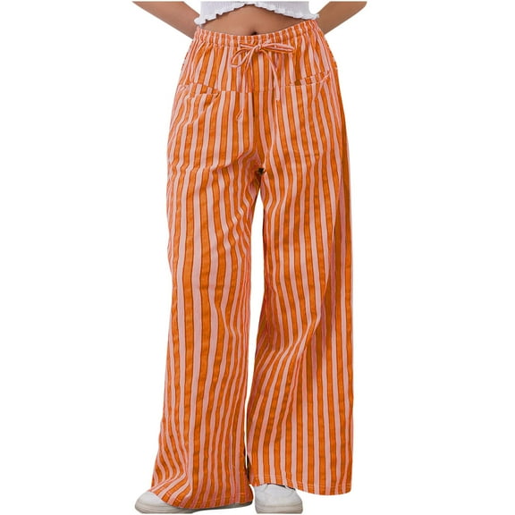 LEBONYARD Women's Work Pants High Waisted Dress Pants Dressy,Lounge Pants for Women Cotton Linen,Women's Summer High Waisted Wide Leg Pants Stripe Matching Yoga Gym Long Pants Orange S