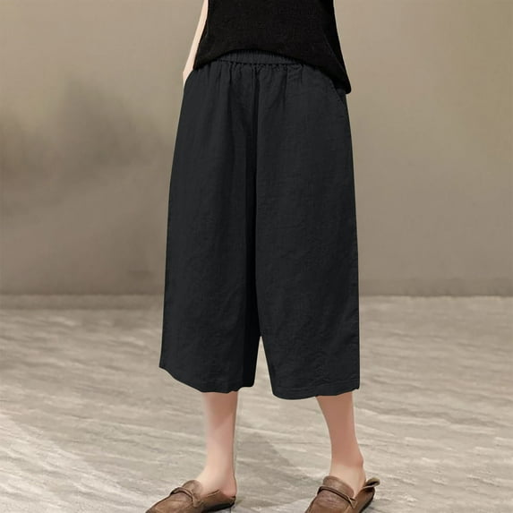 LEBONYARD Women's Workout Capris Summer,Women's Solid Color Elastic Waist Casual Straight Leg and Linen Cropped Pants Black M