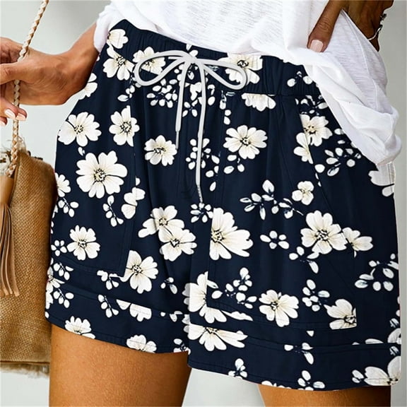 LEBONYARD Women's Yoga Shorts-Made with the Softest Materials,Women's Summer Printed Pocket Bandage Shorts Casual Pants Navy S