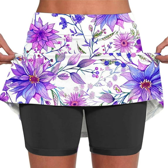LEBONYARD Women's Yoga Shorts Skirt,Women's Stretchy High-Waist Yoga Skirt with Shorts,Women's Summer Flower Print Pleated Tennis Skirts Stretchy Yoga Fake Two Piece Shorts Skirt Purple M