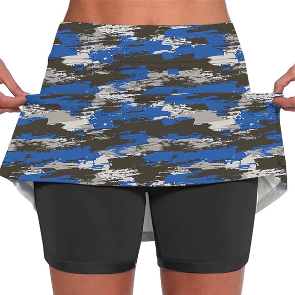 LEBONYARD Women's Yoga Shorts Skirt,Women's Summer Camouflage Print Pleated Tennis Skirts Stretchy Yoga Fake Two Piece Shorts Skirt Blue XL