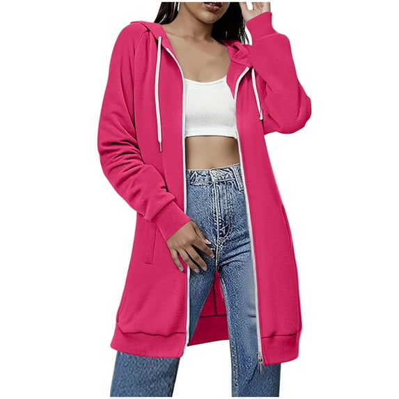 LEBONYARD Women's Zip-Up Drawstring Hoodie Casual Solid Double Pocket Long Sleeve Loose Fit Long Length Sweatshirts Coat