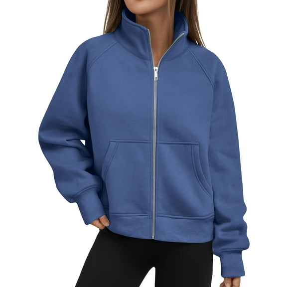 LEBONYARD Women's Zipper Front Standing Collar Hoodless Sweatshirts Casual Long Sleeve Loose Warm Fit Solid Colored with Pocket Sweatshirt Jackets