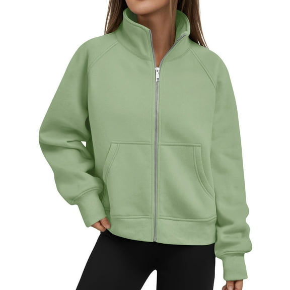 LEBONYARD Women's Zipper Front Standing Collar Hoodless Sweatshirts Casual Long Sleeve Loose Warm Fit Solid Colored with Pocket Sweatshirt Jackets