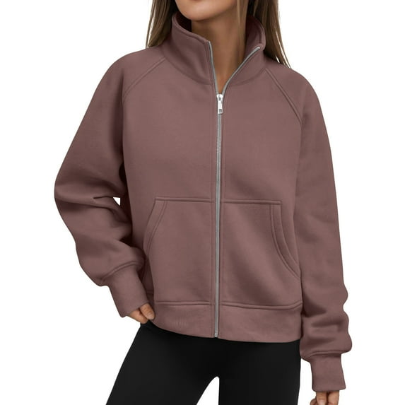 LEBONYARD Women's Zipper Front Standing Collar Hoodless Sweatshirts Casual Long Sleeve Loose Warm Fit Solid Colored with Pocket Sweatshirt Jackets