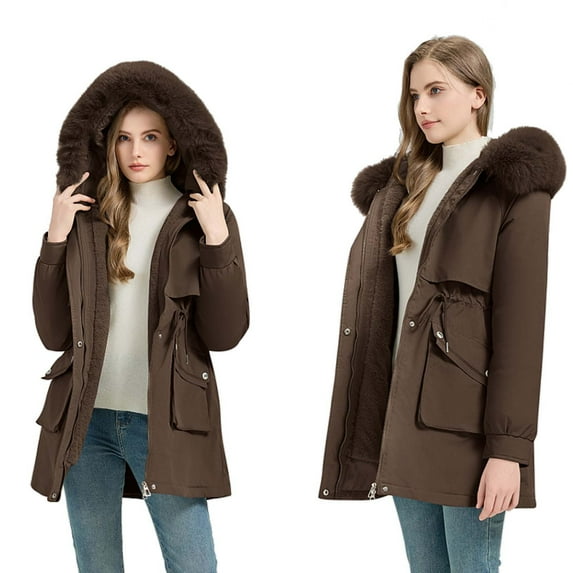 LEBONYARD Women's Zipper Plush Lapel Hooded Padded Korean Outerwear Coat Cuasl Solid Colored Loose Fit Turn Down Collar Big Pocket Warm Winter Coat