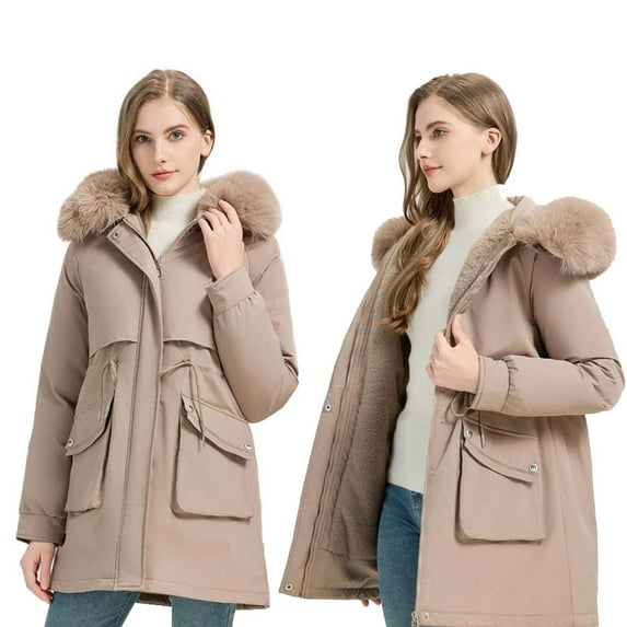 LEBONYARD Women's Zipper Plush Lapel Hooded Padded Korean Outerwear Coat Cuasl Solid Colored Loose Fit Turn Down Collar Big Pocket Warm Winter Coat