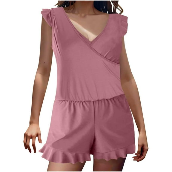 LEBONYARD Womens Bikinis Swimsuits Clearance,Women's Solid Color Built-in Bra Shorts with Pockets Flat Angle Jumpsuit Swimsuit Red L