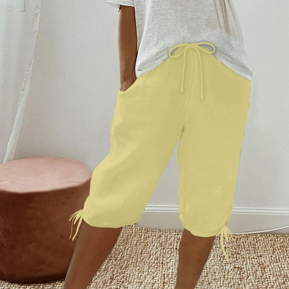 LEBONYARD Womens Capri Pants with Pockets,Women's Solid Color Shorts Casual Women's Shorts Capris Yellow XXL