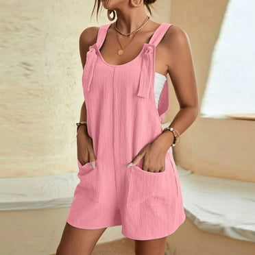 LEBONYARD Womens Capris Plus Size,Women's Summer Comfortable Casual Suspender Shorts Solid Color Pocket Jumpsuit Shorts Pink S