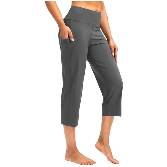 LEBONYARD Womens Capris Yoga Pants Loose,Capris for Women Elastic Waist deals,Solid Elastic Waist Pocket Cropped Pants Casual Stretchy Stylish Pants for Spring Summer Women's Clothing Dark Gray XXL