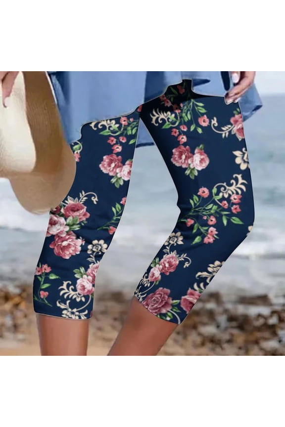 Womens Capris for Summer Plus Size,Womens Athletic Cropped Pants Floral Printing Casual Elastic Waist Beach Pants Navy XXXL