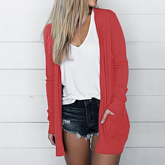 LEBONYARD Womens Cardigans 3/4 Sleeve,Women's Color Long Sleeve Casual Tops Blouse with Pocket Cardigan Watermelon Red XXL