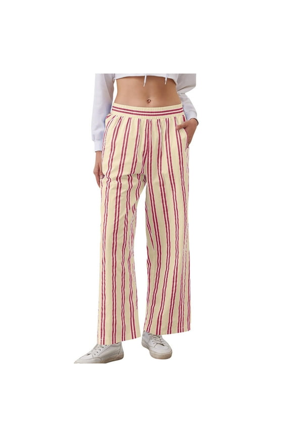 Womens Casual Knit Pull on Pants,Womens Pants Dressy Casual,Women's Summer High Waisted Wide Leg Pants Stripe Matching Yoga Gym Long Pants Beige S