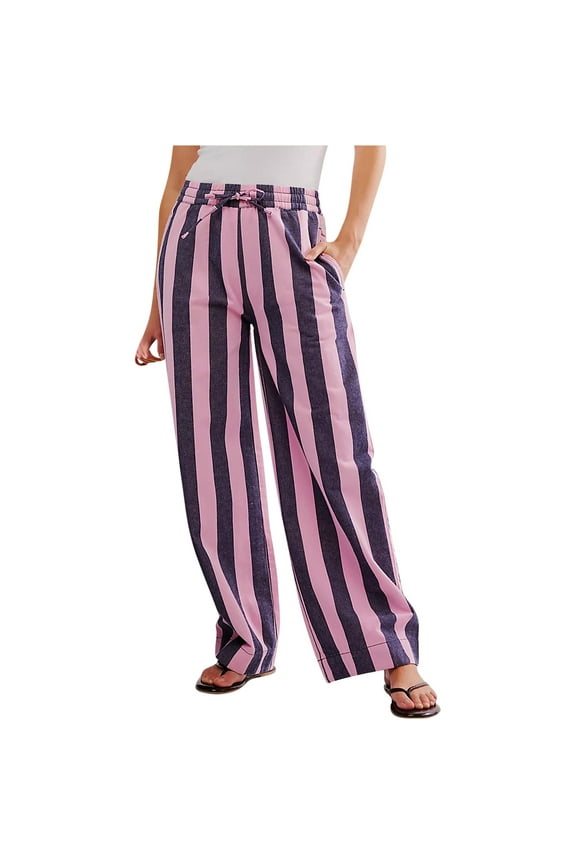 Womens Casual Knit Pull on Pants,Women's Summer High Waisted Wide Leg Pants Stripe Matching Yoga Gym Long Pants Purple S