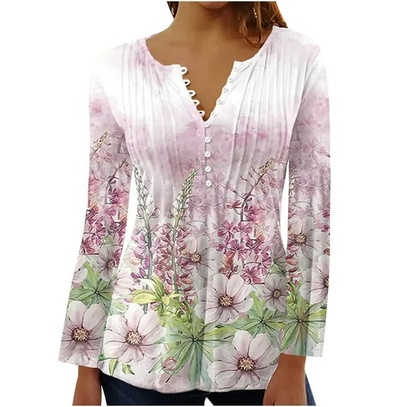 LEBONYARD Womens Casual Summer Short Sleeve,Women Fashion Summer Sexy Fold Printed Regular Women Long Sleeves V Neck Button Pink S