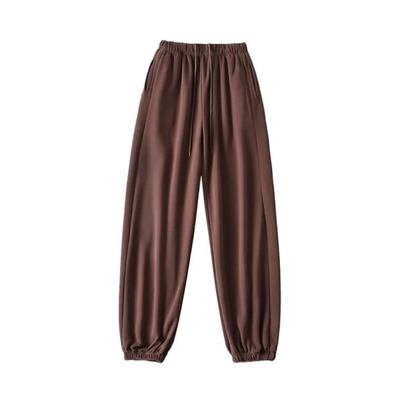 LEBONYARD Womens Casual Wide Leg Pants High Waisted,Pants for Women Plus Size with Pockets,Women's Fall/Winter Drawstring Elastic Waist Loose Bunched Feet Thick Pants Coffee S