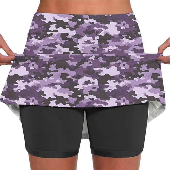 LEBONYARD Womens Clearance under $10,Women's Performance Yoga Skort,Women's Summer Camouflage Print Pleated Tennis Skirts Stretchy Yoga Fake Two Piece Shorts Skirt Purple S