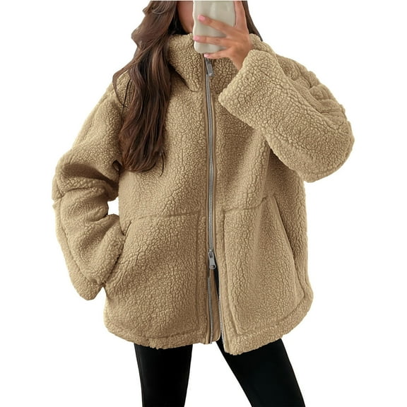 LEBONYARD Womens Coats with Hoods,Plus Size Outerwear,Women's Solid Winter Faux Coats Long Sleeve Lapel Pockets Fleece Jacket Casual Trendy Outerwear Khaki XXL