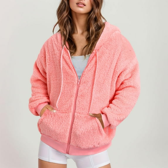 LEBONYARD Womens Coats Outwear Winter,Jackets for Women Casual Fashion,Fashion Women's Zipper V-Neck Pullover Tops Long Sleeve Hooded Blouse Sweatshirt Pink M