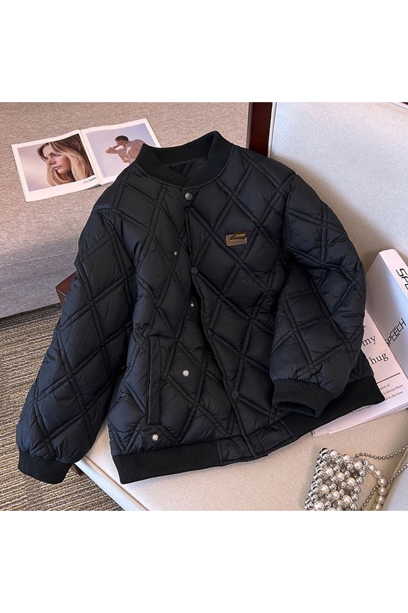 Womens Coats Plus Size Clearance,Jackets for Women Clearance under $10,Women's Fashionable Round Neck Diamond Plaid Thickened Cotton Jacket with Warm and Plush Jacket Black S