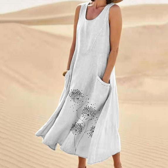 LEBONYARD Womens Dresses Clearance under $5.00,New Women's Sleeveless Cotton and Linen Round Neck Printed Long Dress White XXXXL