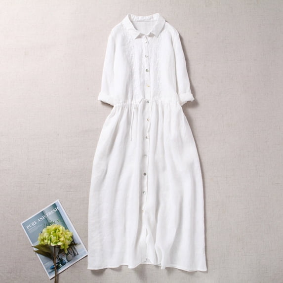LEBONYARD Womens Dresses Plus Size,Women's Summer Vintage Lace-up Dress Seven-point Sleeve Long Cotton and Skirt Loose and Thin Embroidery Large Train Skirt White XXL
