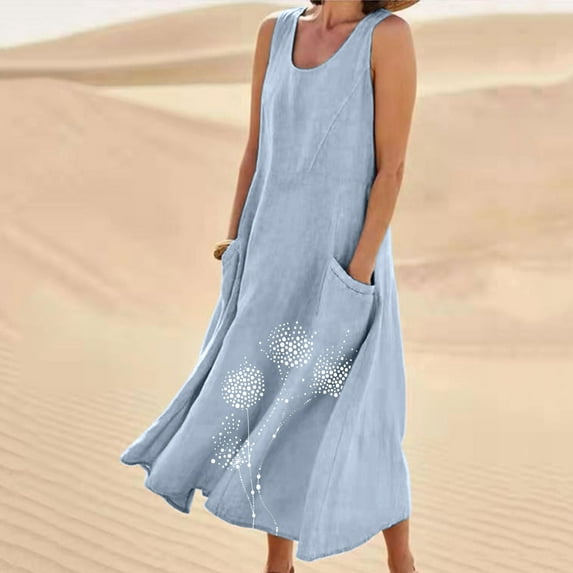 LEBONYARD Womens Dresses Plus Size,Womens Summer Dresses Fashion Casual,New Women's Sleeveless Cotton and Linen Round Neck Printed Long Dress Blue XXXL