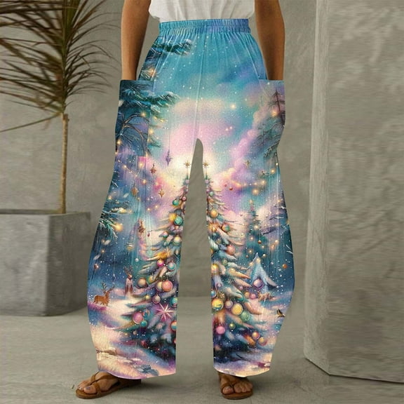 LEBONYARD Womens High Rise Dressy Wide Leg Pants,Women Casual Printing Pockets Elastic Mid-Waist Comfortable Wide-Legged Loose Pants Multicolor S