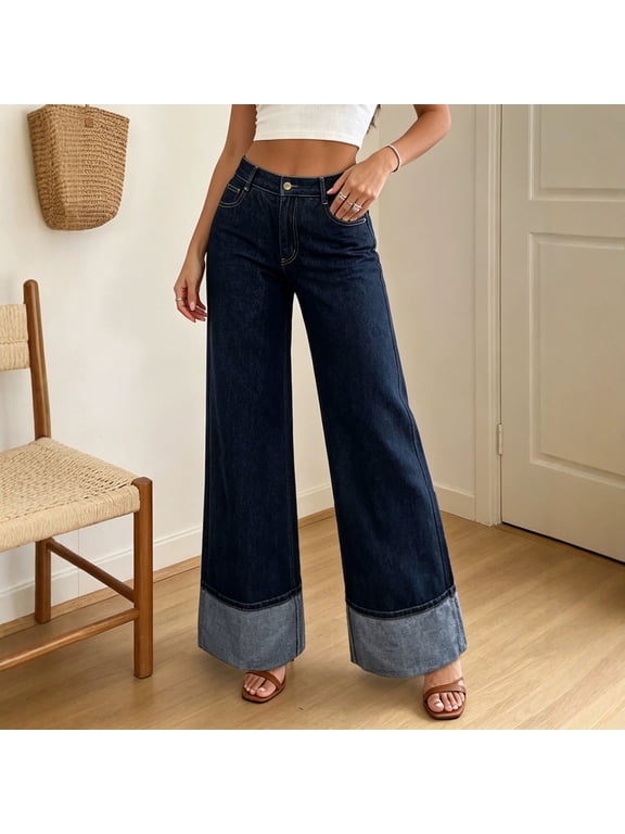 Womens High Waisted Wide Leg Jeans Cuffed Hem Color Block Loose Fit Denim Pants Plus Size