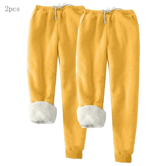 LEBONYARD Womens Joggers Clearance Clothing under $10,2PCS Women's Solid Color Fleece Pockets Plus-Size Bandage Elastic Waist Wei Pants Casual Harun Leggings Yellow XL