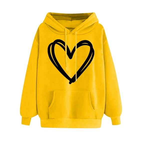 Summer Tops for Women LEBONYARD Womens Long Sleeve Shirts,Fall Womens Tops Summer Saving,Women's Comfortable Sweater Heart Pattern Printed Women's Hooded Pocket Drawstring Sweater Yellow M